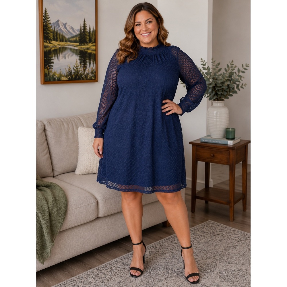 Nina Lace Mock Neck Shift Dress L Navy Blue Smocked Long Sleeve Wedding‎ Guest